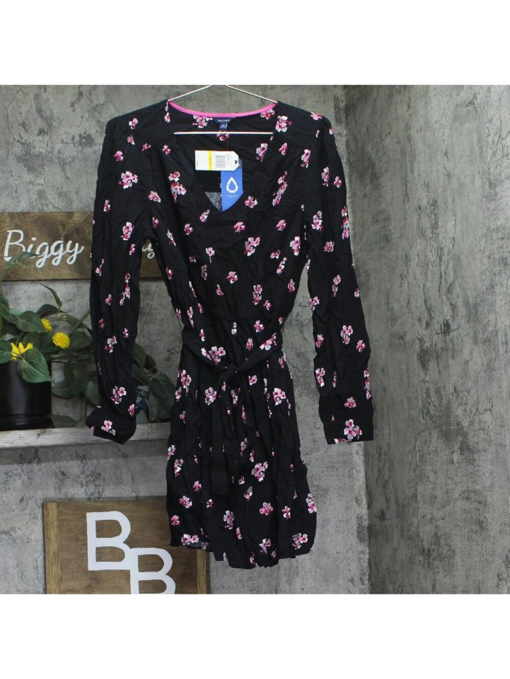Nautica Womens Sustainably Crafted Woven Floral Print Tie Dress True Black M